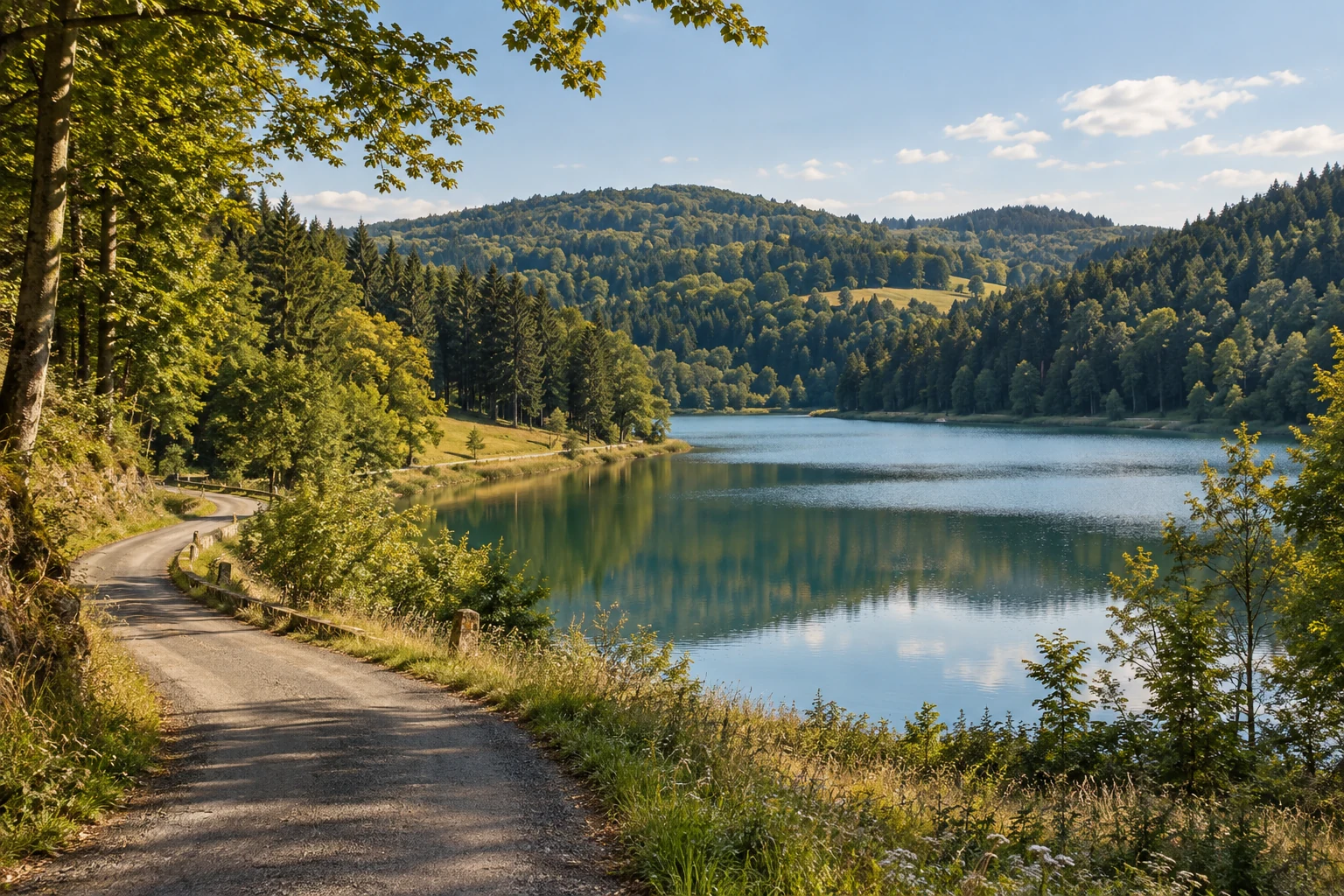 Ein stiller See zwischen bewaldeten Hügeln. KI-generiertes Entwurfsmotiv.